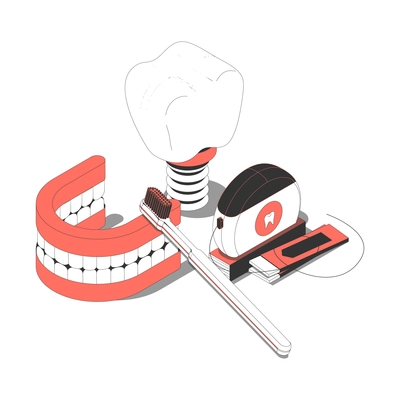 Dentistry isometric composition with dental floss implant prosthesis toothbrush gum 3d vector illustration