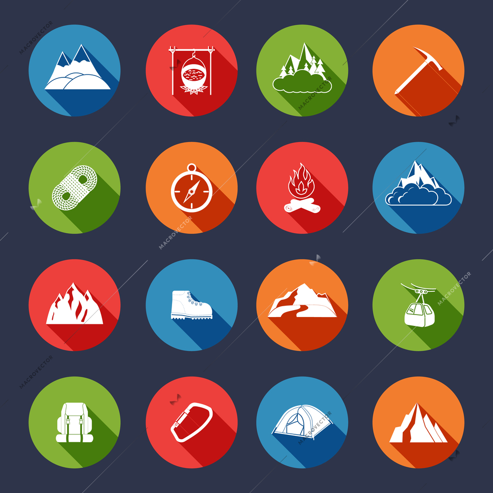 Mountain icons flat set with outdoor travel camping equipment isolated vector illustration