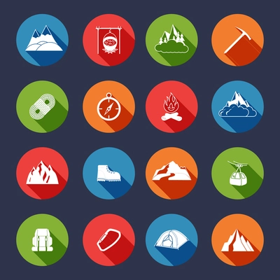 Mountain icons flat set with outdoor travel camping equipment isolated vector illustration