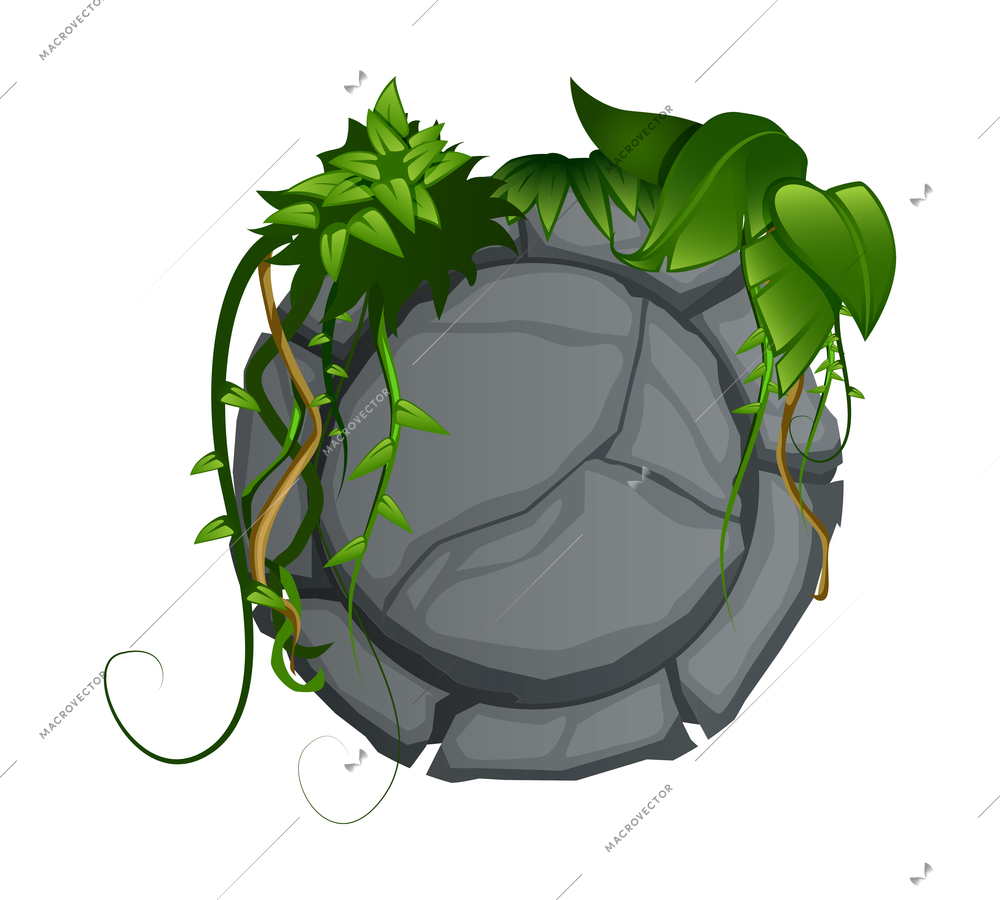 Cartoon round grey stone with green vine decorative element for garden vector illustration