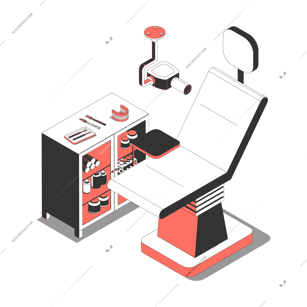 Dentists room interior isometric composition with chair dental instruments equipment 3d vector illustration