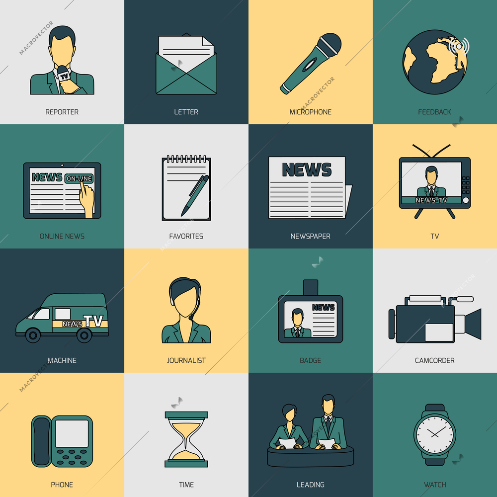 News media telecommunication network flat line icons set isolated vector illustration