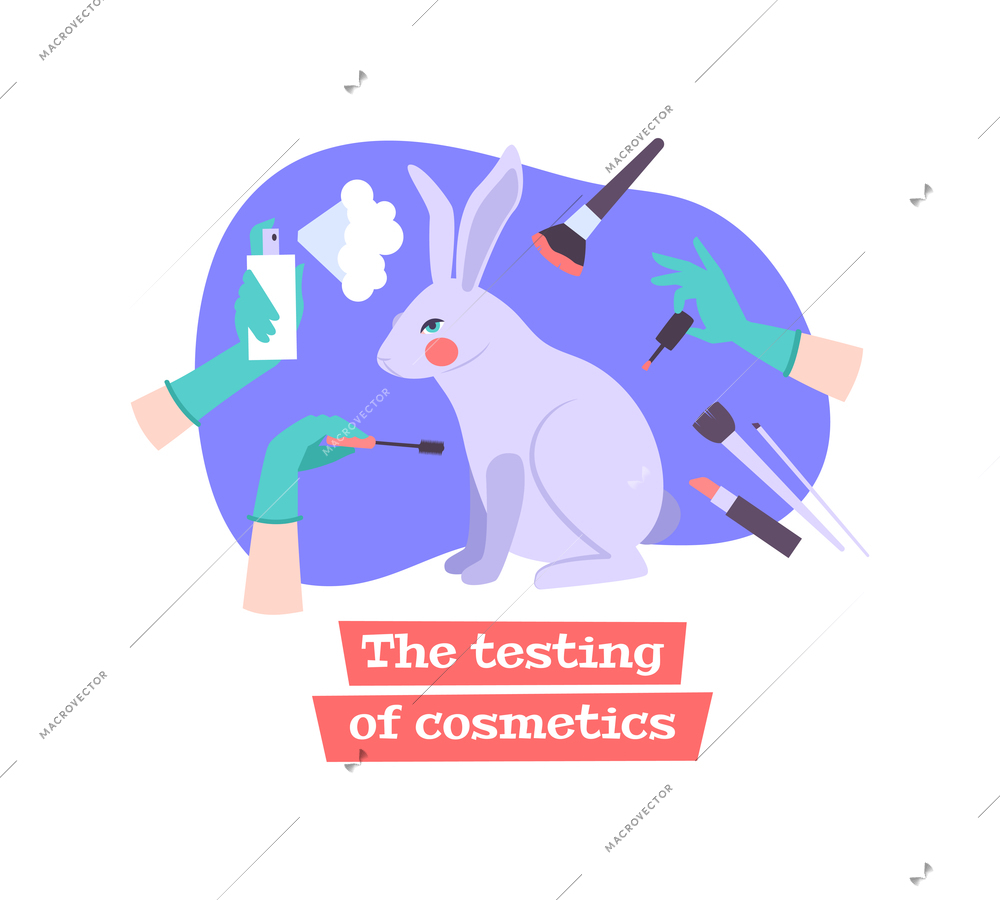 Animal testing flat composition with rabbit and human hands holding cosmetic products vector illustration
