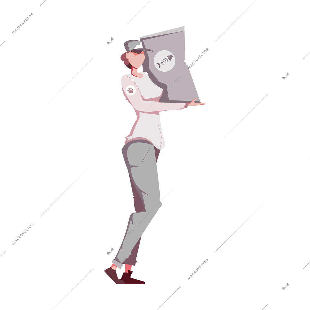 Female animal shelter worker carrying big package of dry food flat vector illustration