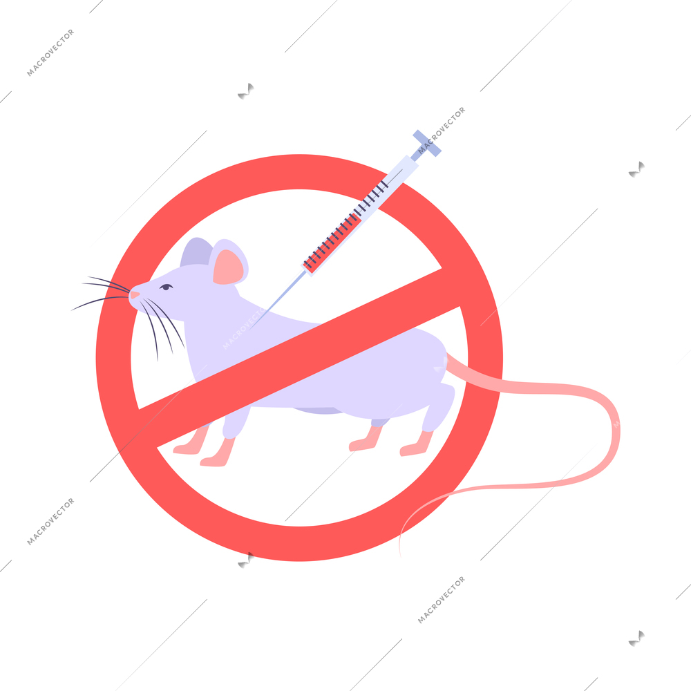 Stop animal testing icon with laboratory mouse syringe and red prohibition sign flat vector illustration