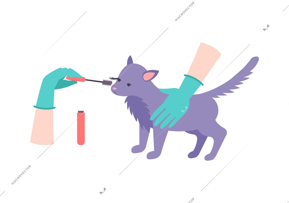 Human hands in gloves testing mascara on animal flat vector illustration