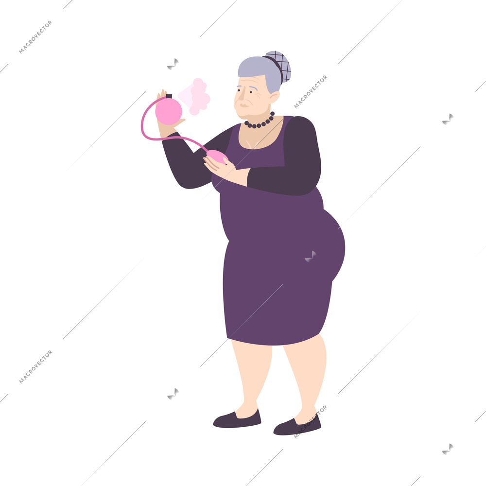 Elegant plump elderly woman using perfume flat vector illustration