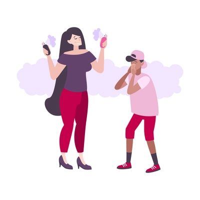 Woman using too much perfume and boy cannot bear smell flat vector illustration