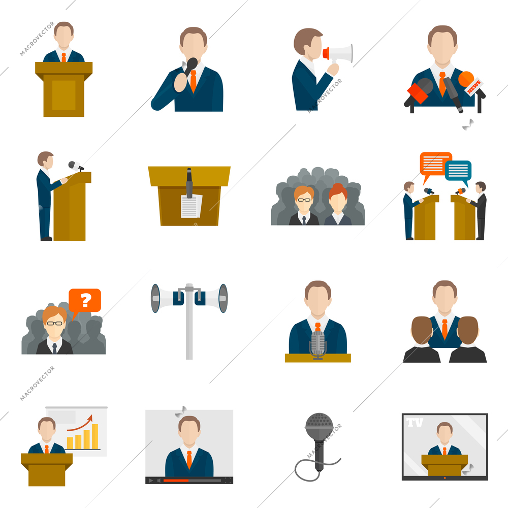 Public speaking icons set with business presentation politician conference isolated vector illustration