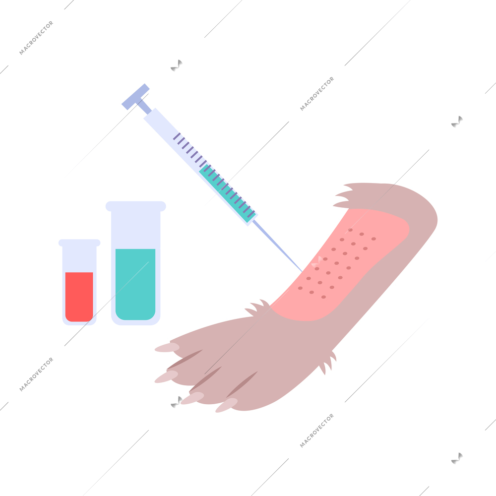 Animal testing experiment flat icon with dog paw syringe and laboratory tubes vector illustration