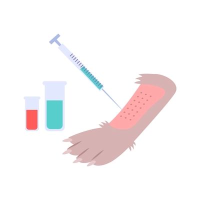 Animal testing experiment flat icon with dog paw syringe and laboratory tubes vector illustration