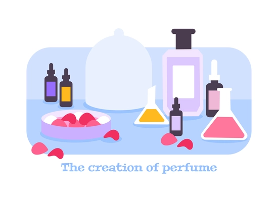 Perfume creation flat composition with flasks tubes and rose petals vector illustration
