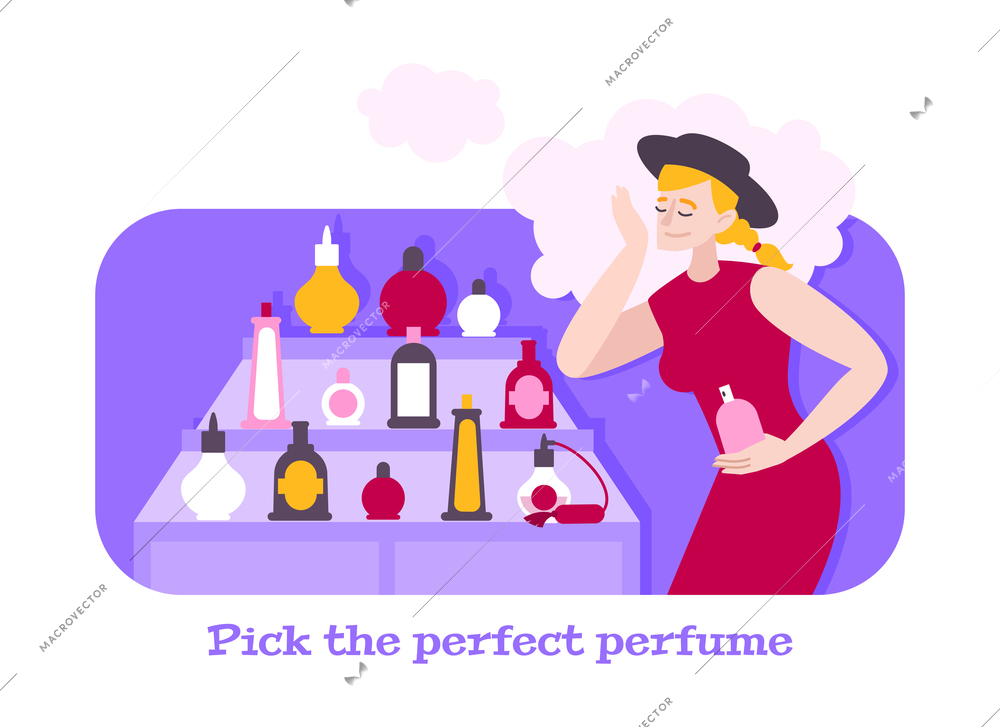 Composition in flat style with woman choosing perfume in shop vector illustration