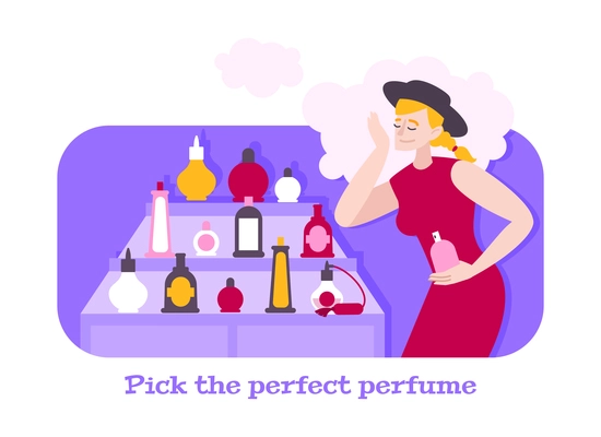 Composition in flat style with woman choosing perfume in shop vector illustration