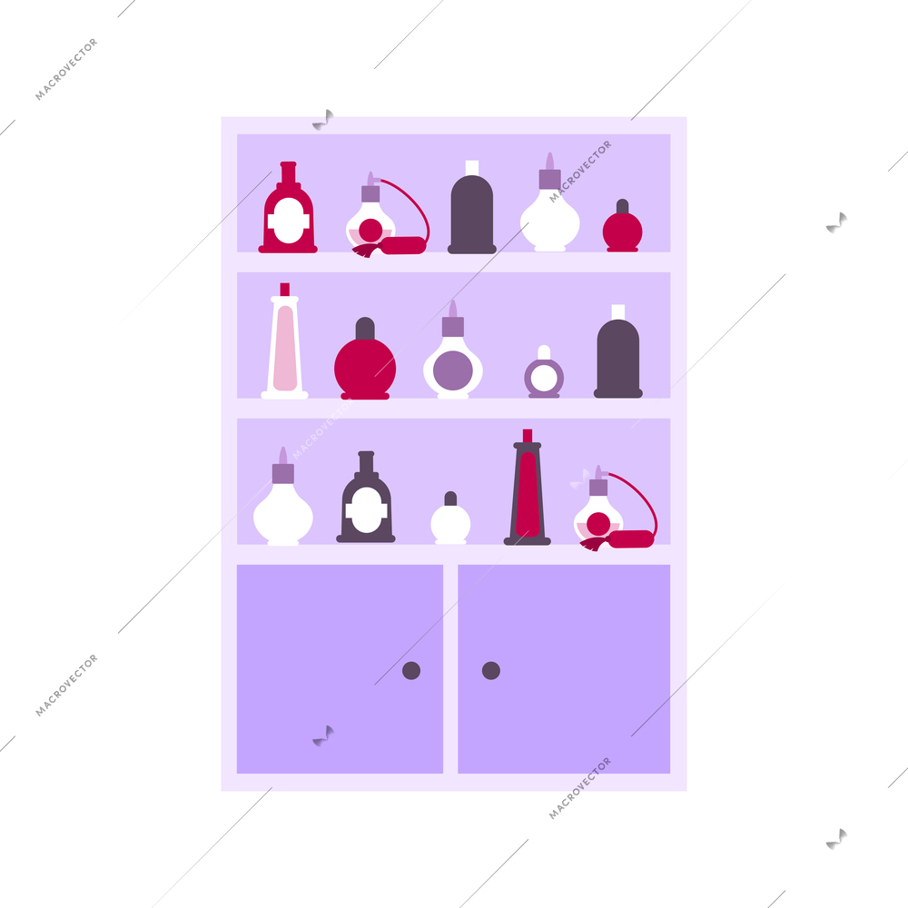 Perfume shop interior icon with bottles of various size and shape on shelves flat vector illustration