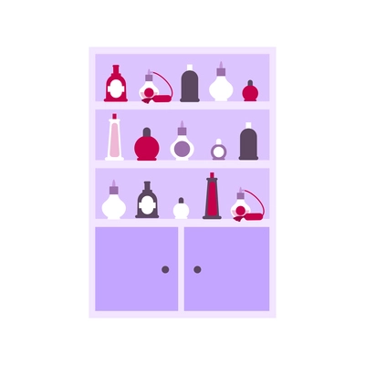 Perfume shop interior icon with bottles of various size and shape on shelves flat vector illustration