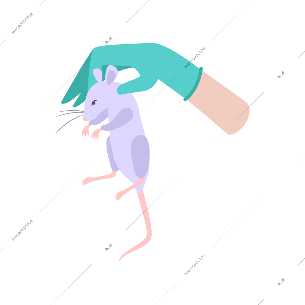 Animal testing flat icon with human hand holding laboratory mouse vector illustration