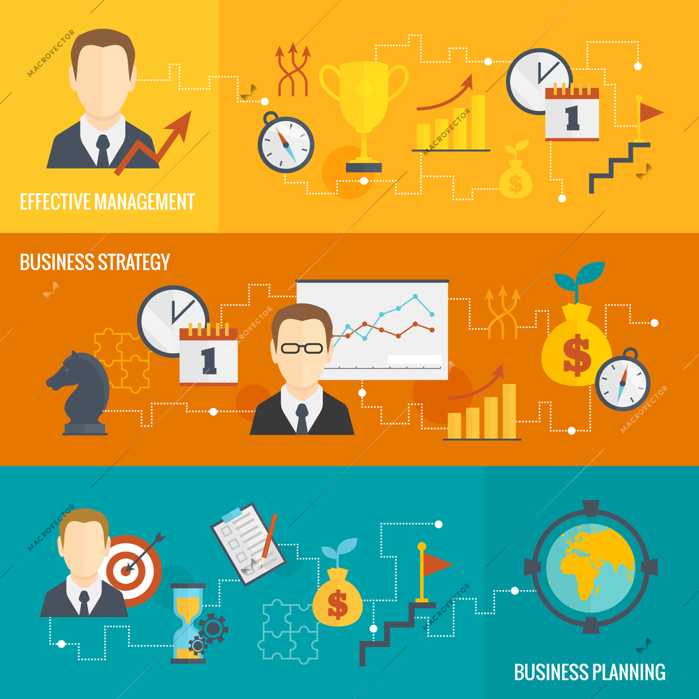 Business strategy planning effective management banner set isolated vector illustration