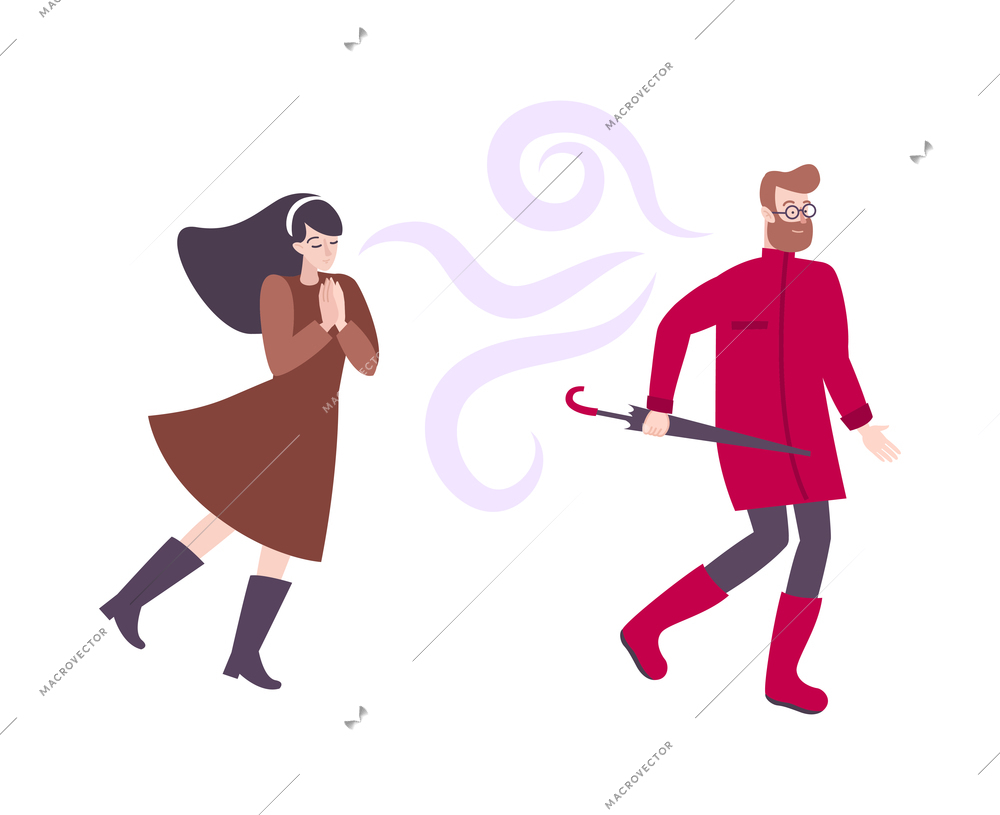 Woman smelling perfume of man walking past flat vector illustration