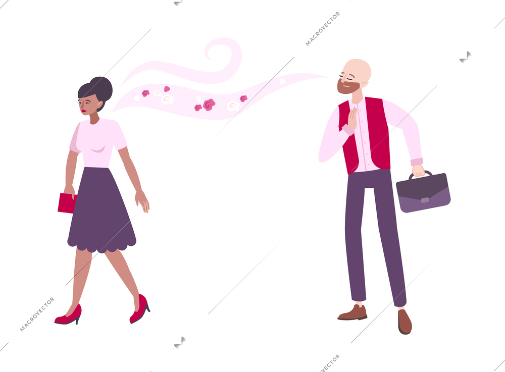 Man enjoying perfume fragrance of woman walking by flat vector illustration