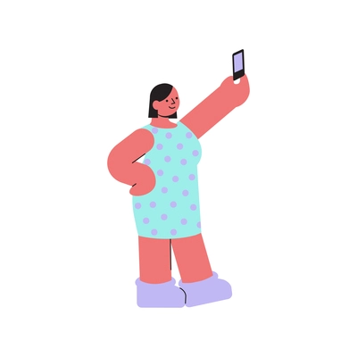 Body positive icon with happy female character taking selfie flat vector illustration