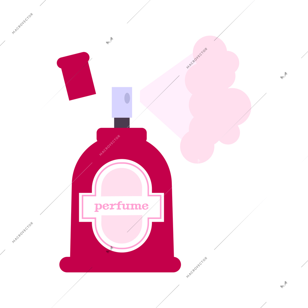 Spraying bottle of female perfume on white background flat vector illustration
