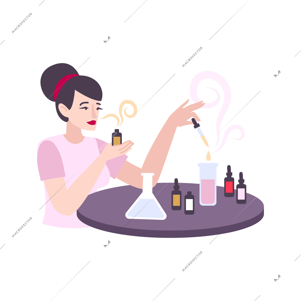 Female perfumer with tubes and flasks creating perfume flat vector illustration