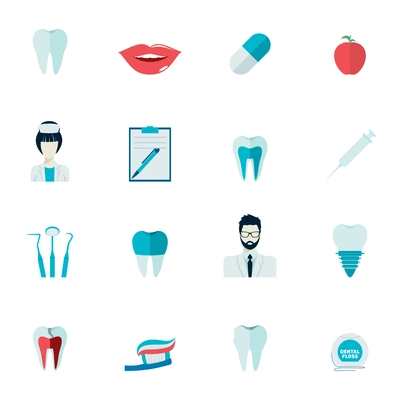 Dental health and caries teeth healthcare instruments dent protection flat icons set isolated vector illustration
