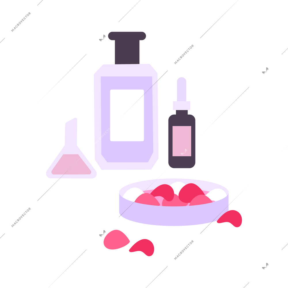 Flat perfume bottle and ingredients for creating fragrance vector illustration