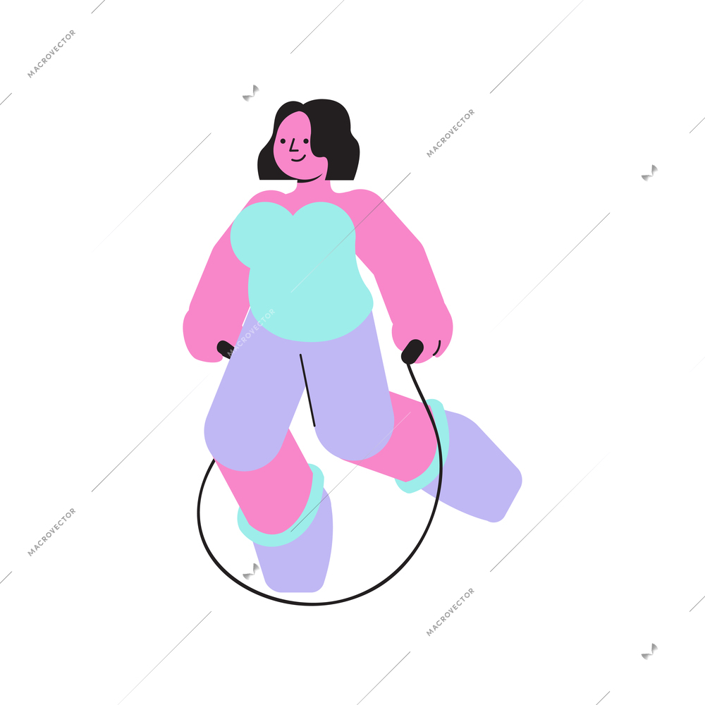 Body positive icon with happy woman exercising with jumping rope flat vector illustration