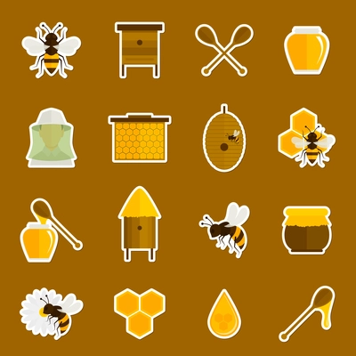 Bee honey icons stickers set with spoon jar bumblebee isolated vector illustration