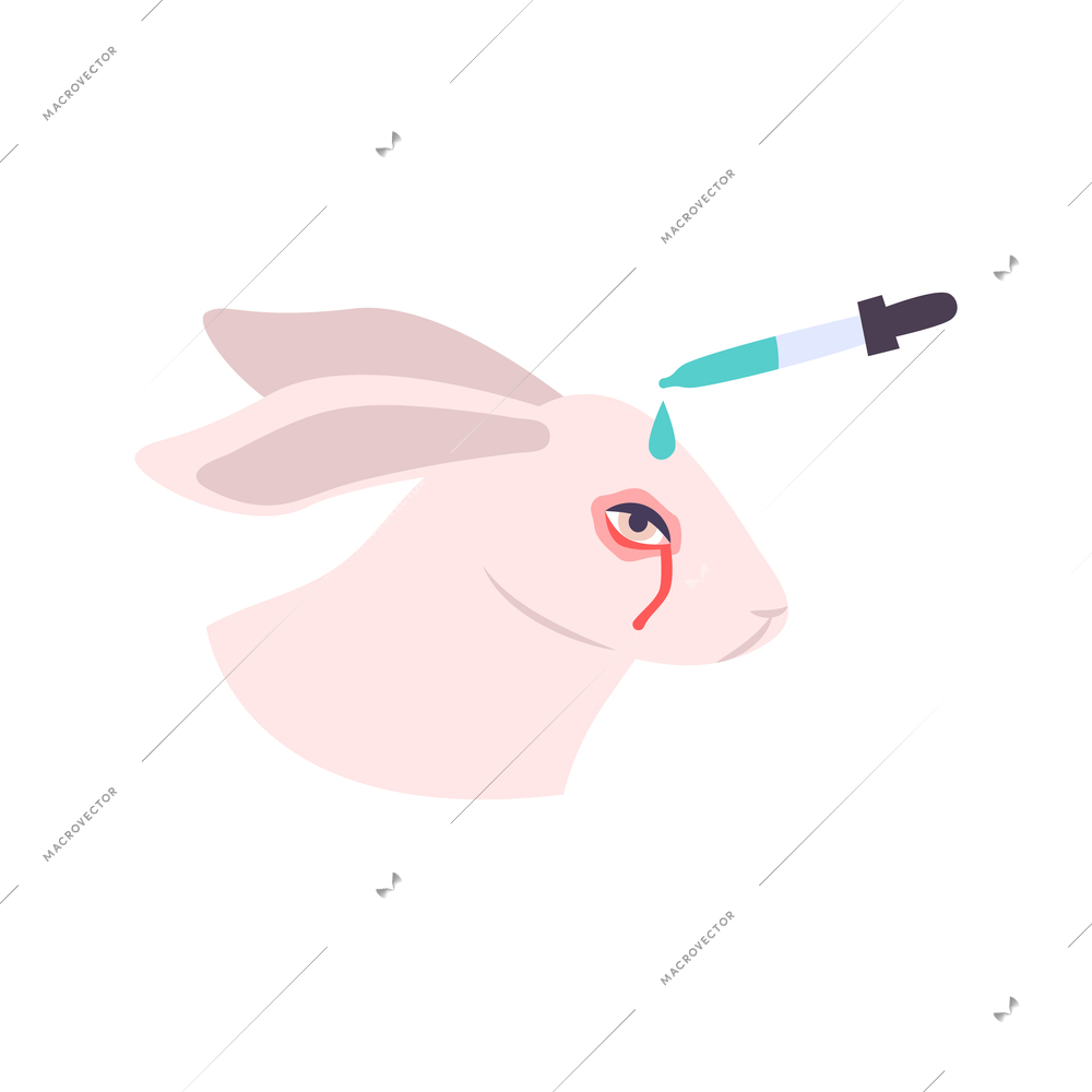 Animal testing icon with rabbit with bleeding eye and dropper flat vector illustration