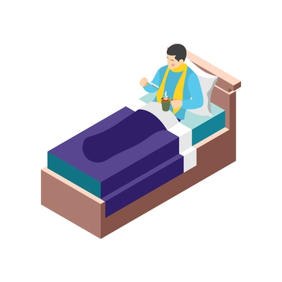 Sick man lying in bed with hot drink looking at thermometer isometric vector illustration