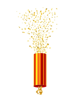 Party popper exploding with shiny golden serpentine realistic vector illustration