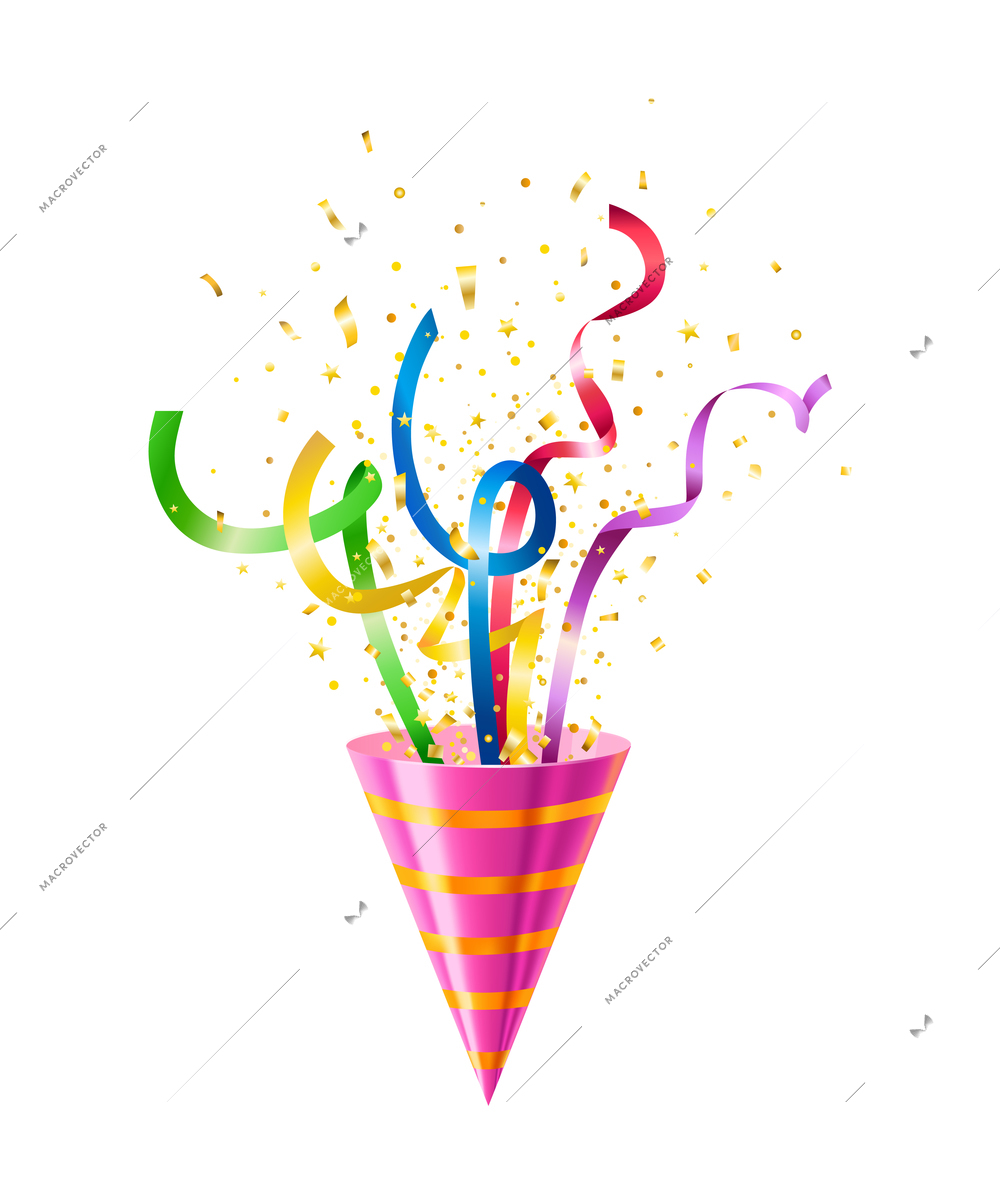 Cone shaped party popper with colorful ribbons and confetti realistic vector illustration