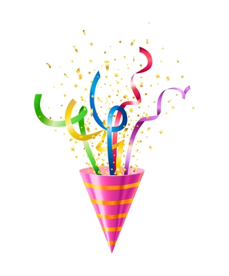 Cone shaped party popper with colorful ribbons and confetti realistic vector illustration