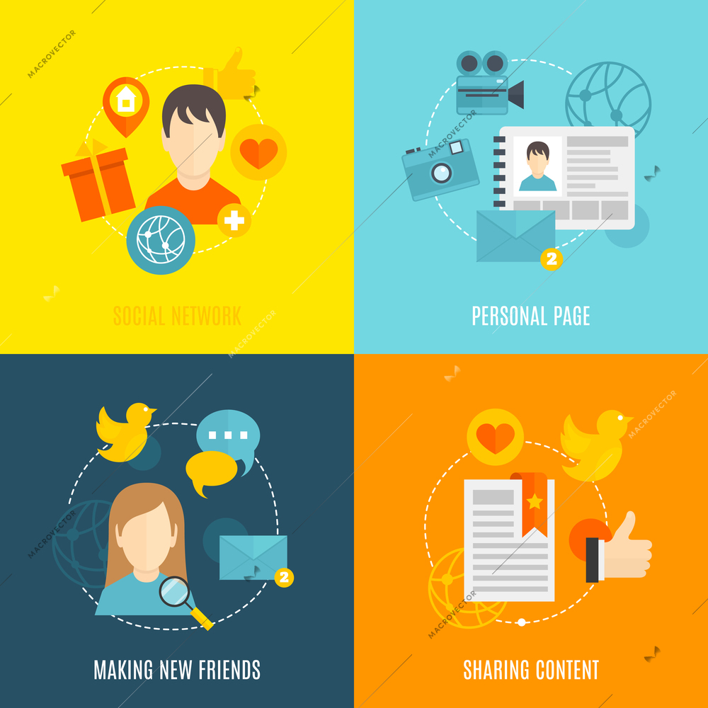 Social flat icons set with network personal page making new friends sharing content isolated vector illustration
