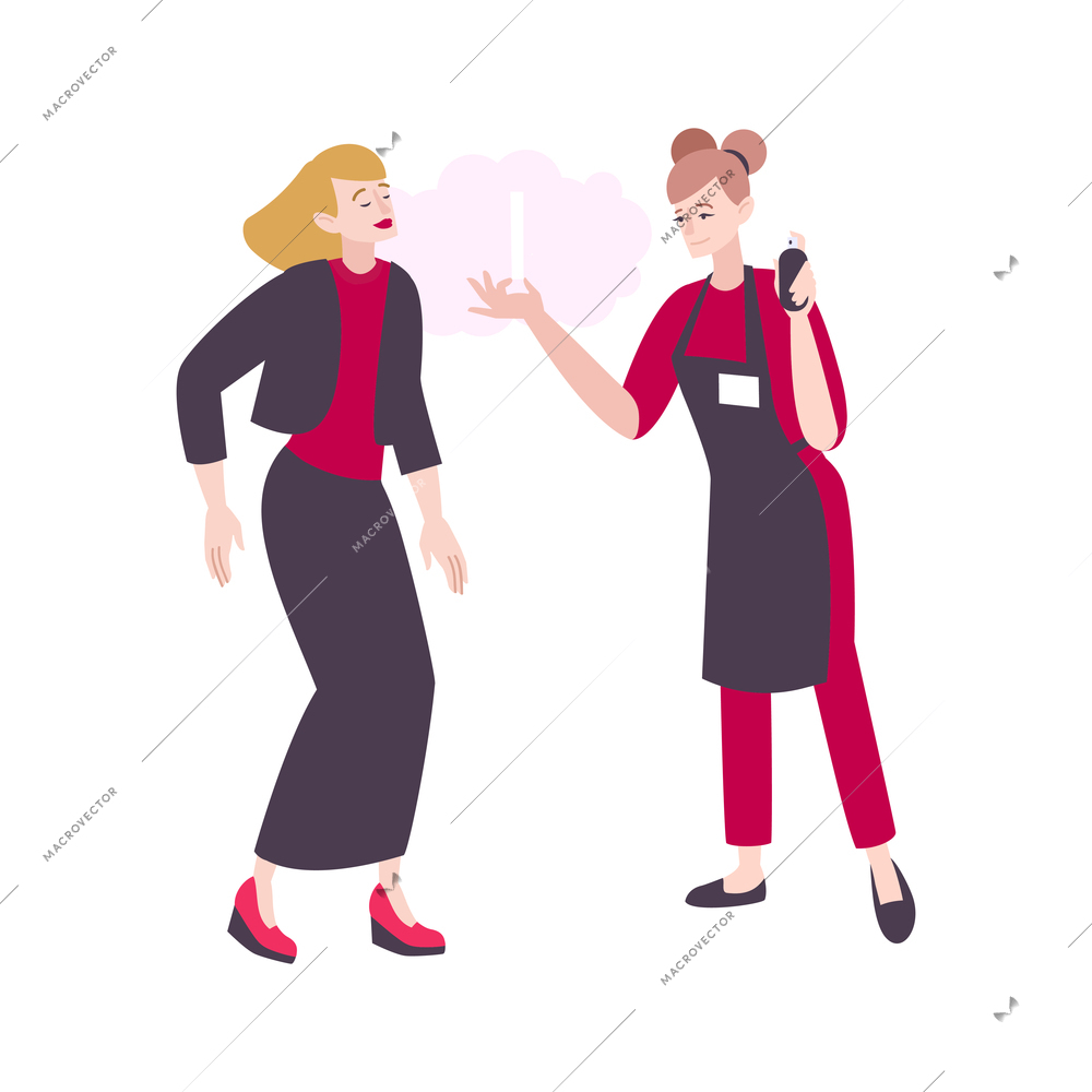 Flat icon with shop assistant and woman testing perfume in store vector illustration