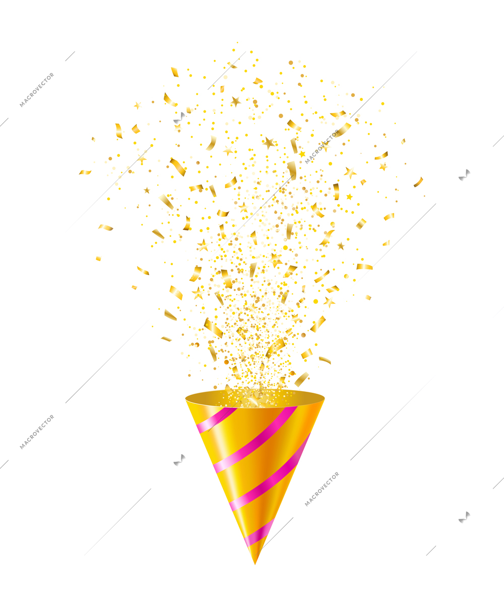 Striped party popper exploding with golden confetti and serpentine realistic vector illustration