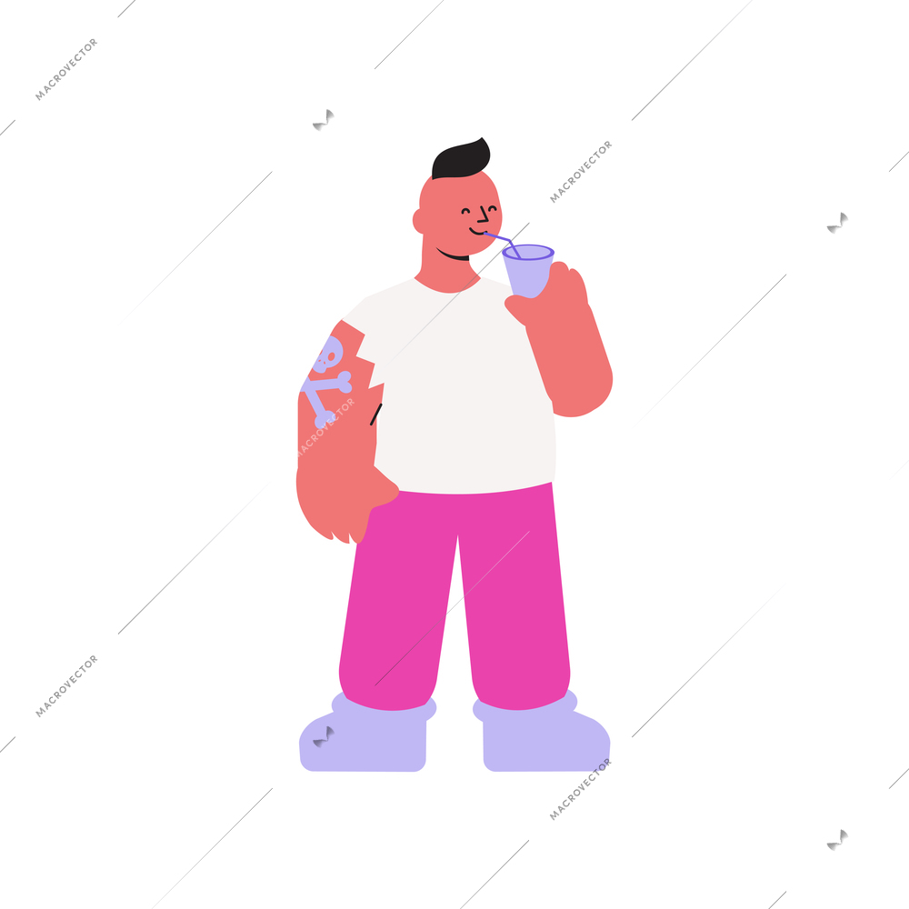 Body positive flat icon with confident man with tattoo drinking cocktail vector illustration