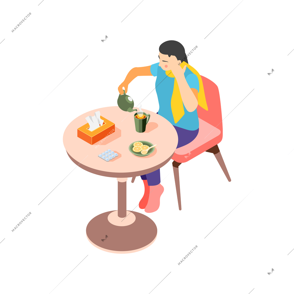 Sick woman making hot tea with lemon 3d isometric vector illustration