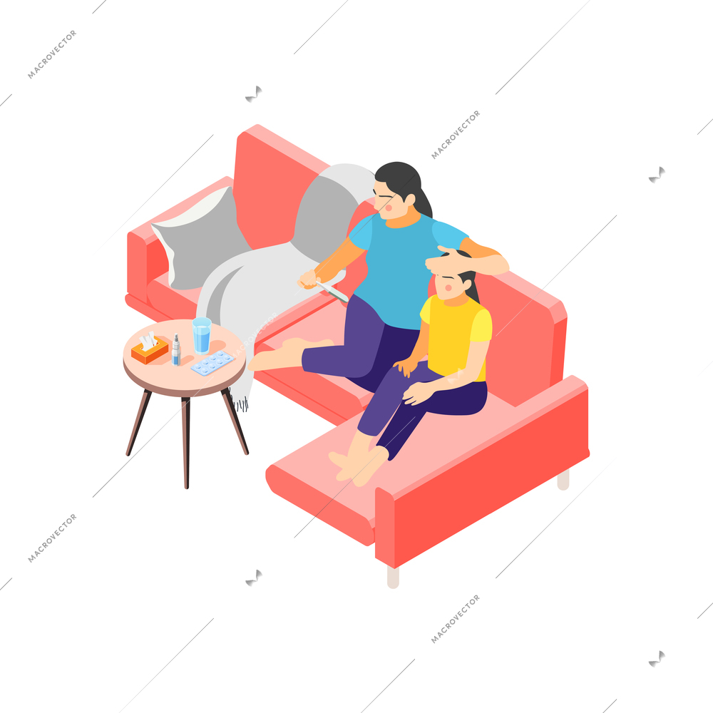 Flu isometric icon with mum measuring girls temperature 3d vector illustration