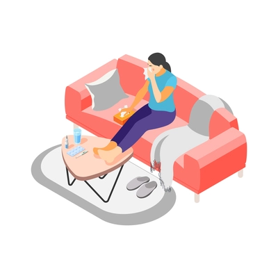 Isometric icon with sick woman with runny nose blowing 3d vector illustration