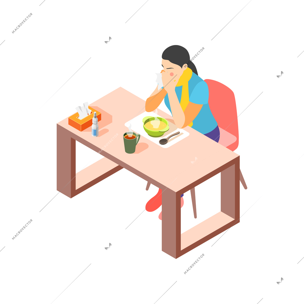 Flu isometric icon with woman eating soup and blowing her nose 3d vector illustration