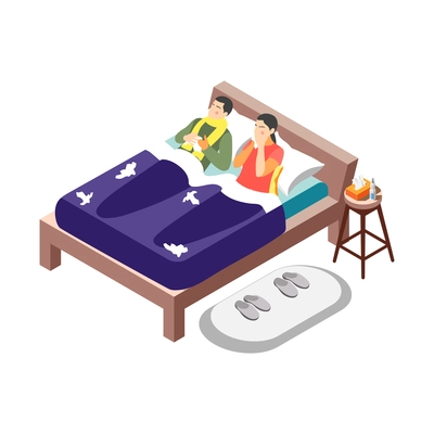 Isometric flu icon with couple of sick people lying in bed 3d vector illustration