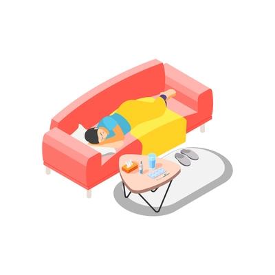 Flu isometric icon with sick man sleeping on sofa with thermometer and medication on table vector illustration