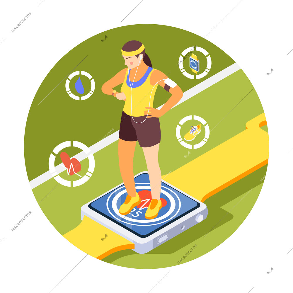 Jogging isometric composition with woman checking heart rate on smartwatch 3d vector illustration
