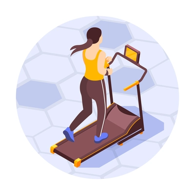 Isometric round composition with woman running on treadmill back view 3d vector illustration