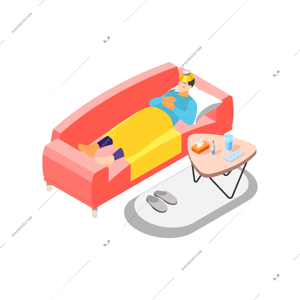 Flu isometric icon with sick man lying on sofa with thermometer 3d vector illustration