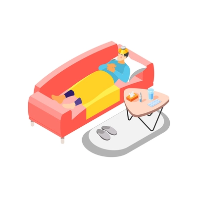 Flu isometric icon with sick man lying on sofa with thermometer 3d vector illustration